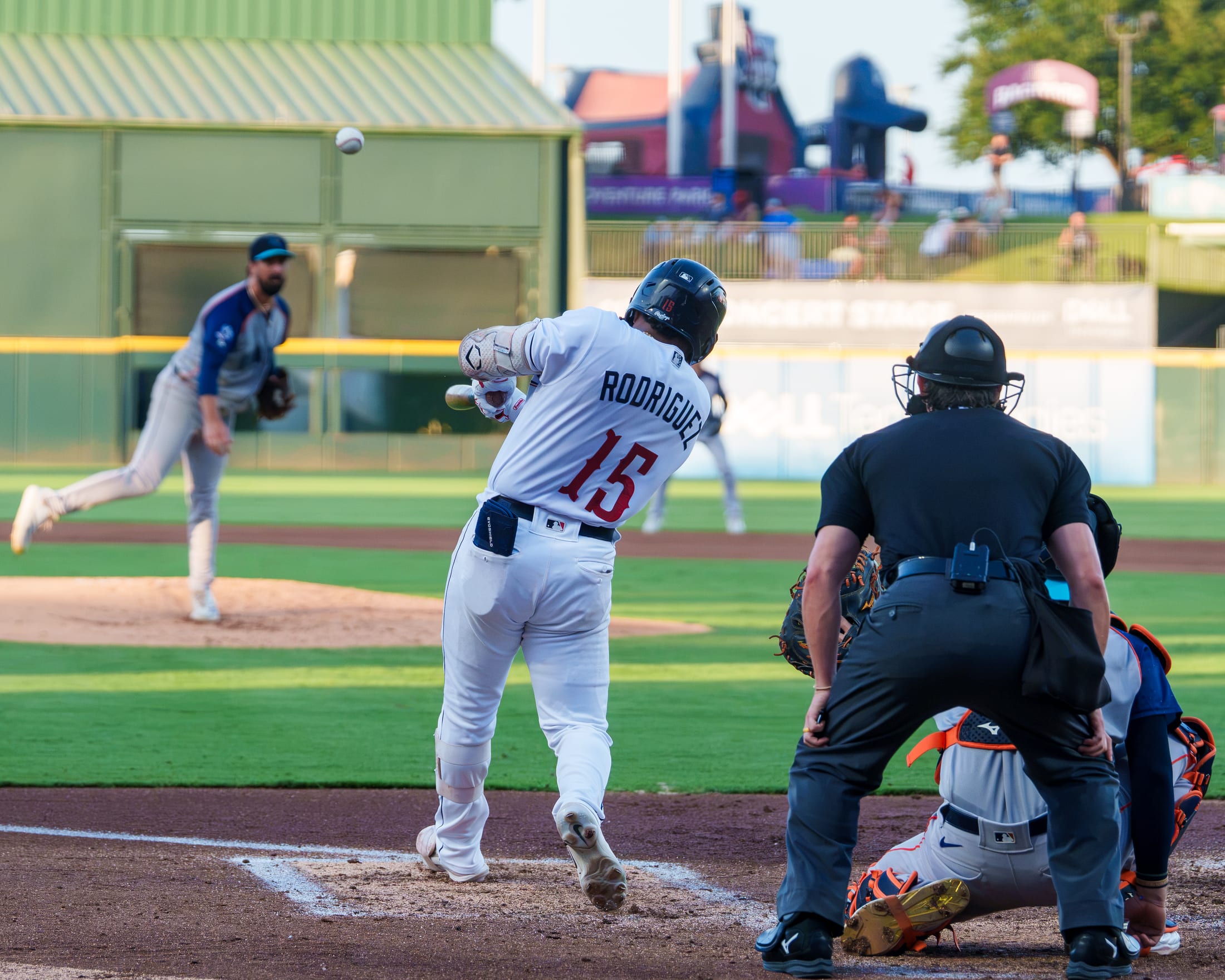 Round Rock Express shortstop Keyber Rodriguez follows through on a swing against the Sugar Land Space Cowboys at Dell Diamond.