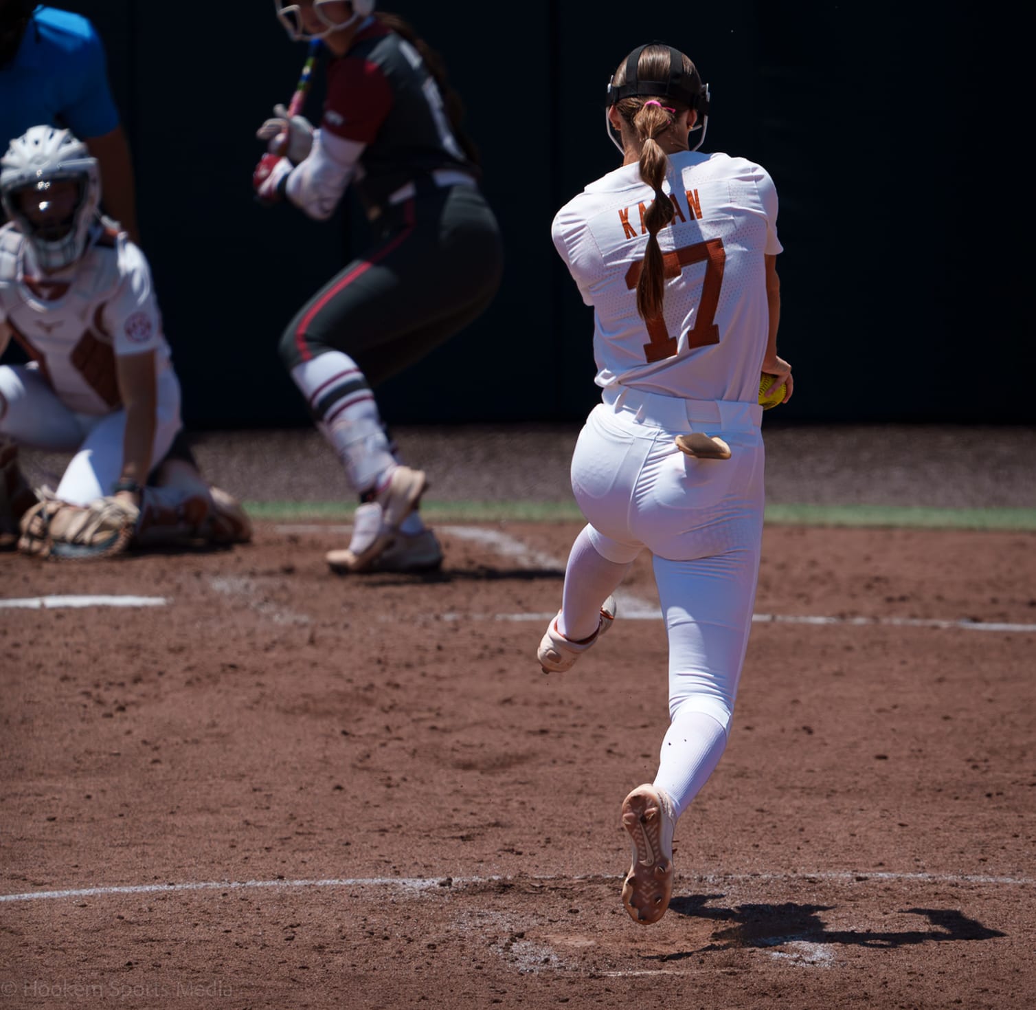 Texas Softball Pitcher Teagan Kavan delivers against Arkansas at McCombs Field.