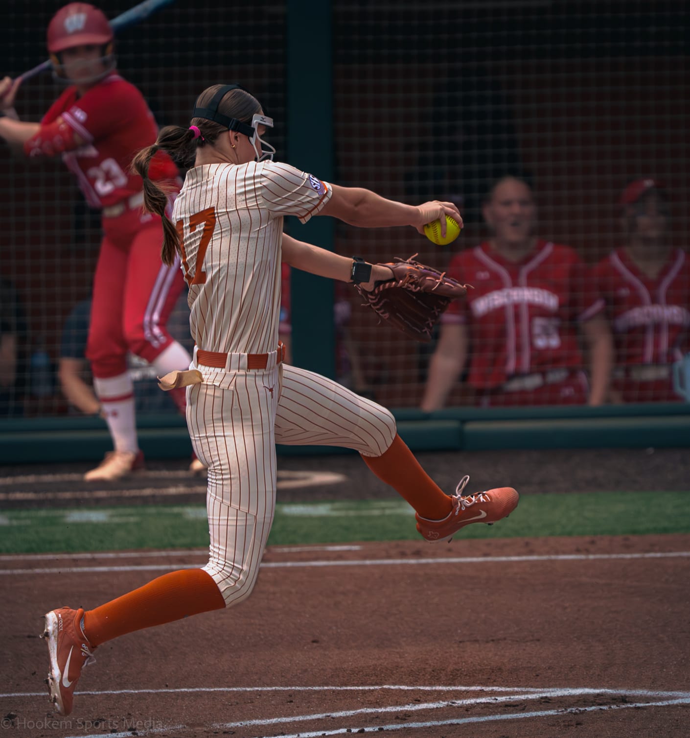 Texas Softball Pitcher Teagan Kavan delivers against Wisconsin at McCombs Field.
