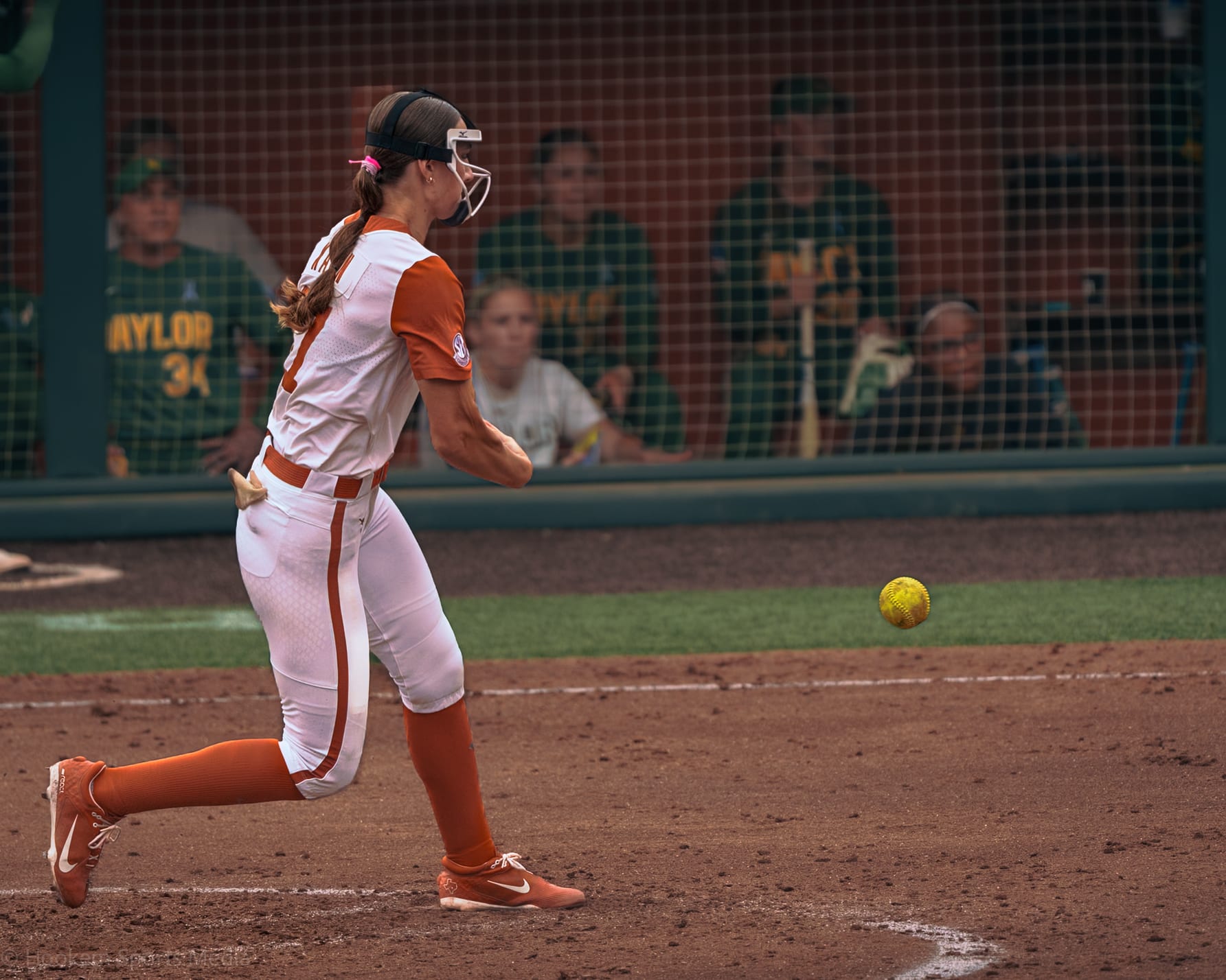 Texas Softball Pitcher Teagan Kavan delivers against Baylor at McCombs Field.